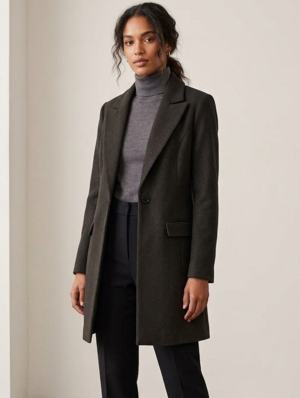Forever 21 Wool Blend Dark Olive Single-Button Trench Coat